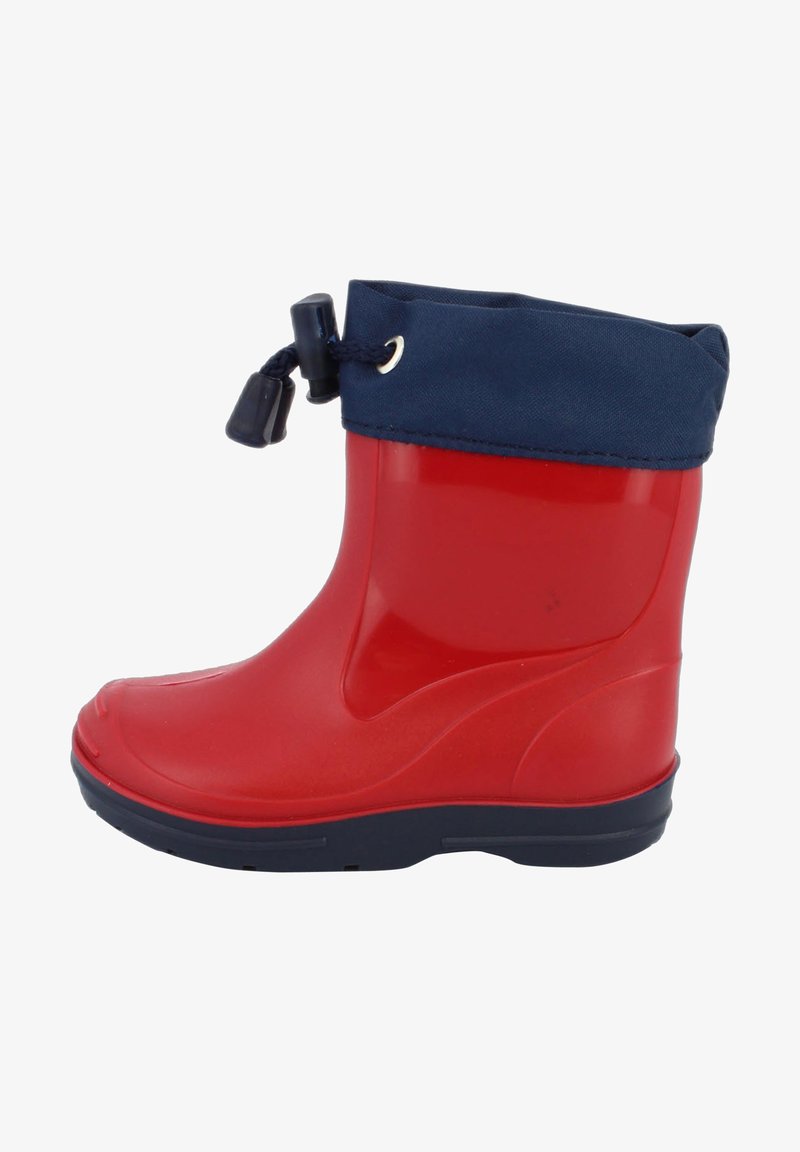 Botte de pluie en caoutchouc rouge avec un revers en nylon bleu marine, dotée d'un cordon de serrage en haut, d'une pointe arrondie et d'une semelle texturée.