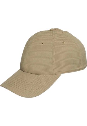 Beige textured fabric baseball cap with curved brim and stitched ventilation holes on panels.