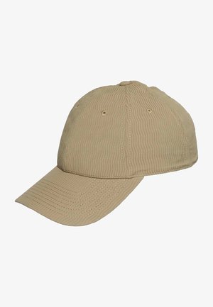 Beige textured fabric baseball cap with curved brim and stitched ventilation holes on panels.