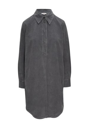 Chemise à manches longues en coton gris foncé, avec un col classique, une patte de boutonnage sur le devant et une silhouette décontractée, légèrement oversize.