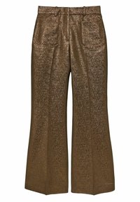 Bruine metallic wijde broek met een gestructureerde afwerking, twee zijzakken en een op maat gemaakte tailleband.