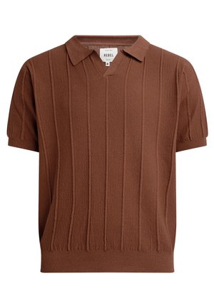 Brown short-sleeved polo top with a V-neck and textured ribbed pattern. Features a traditional collar and a fitted silhouette.