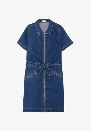 Robe en jean à manches courtes, col, fermeture éclair à l'avant et ceinture nouée. Comprend deux poches zippées et des coutures contrastées.