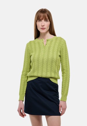 Femme aux cheveux bruns raides portant un pull vert clair à torsades et une jupe bleu marine foncé, debout devant un fond uni.