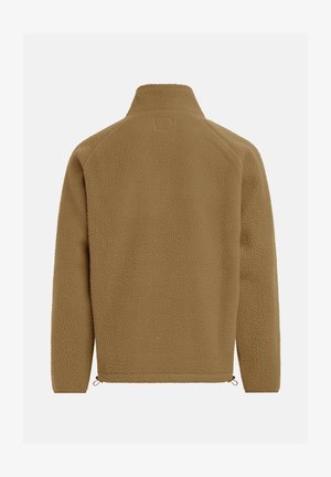 Brown fleece jacket with a high collar, long sleeves, and a textured, soft surface; features adjustable cord at the hem for a tailored fit.