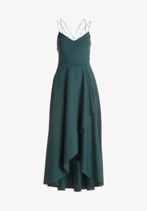 Langes grünes Kleid mit tailliertem Oberteil, V-Ausschnitt, dünnen Spaghetti-Trägern und einem fließenden, asymmetrischen Rock mit weicher Textur und Drapierung.