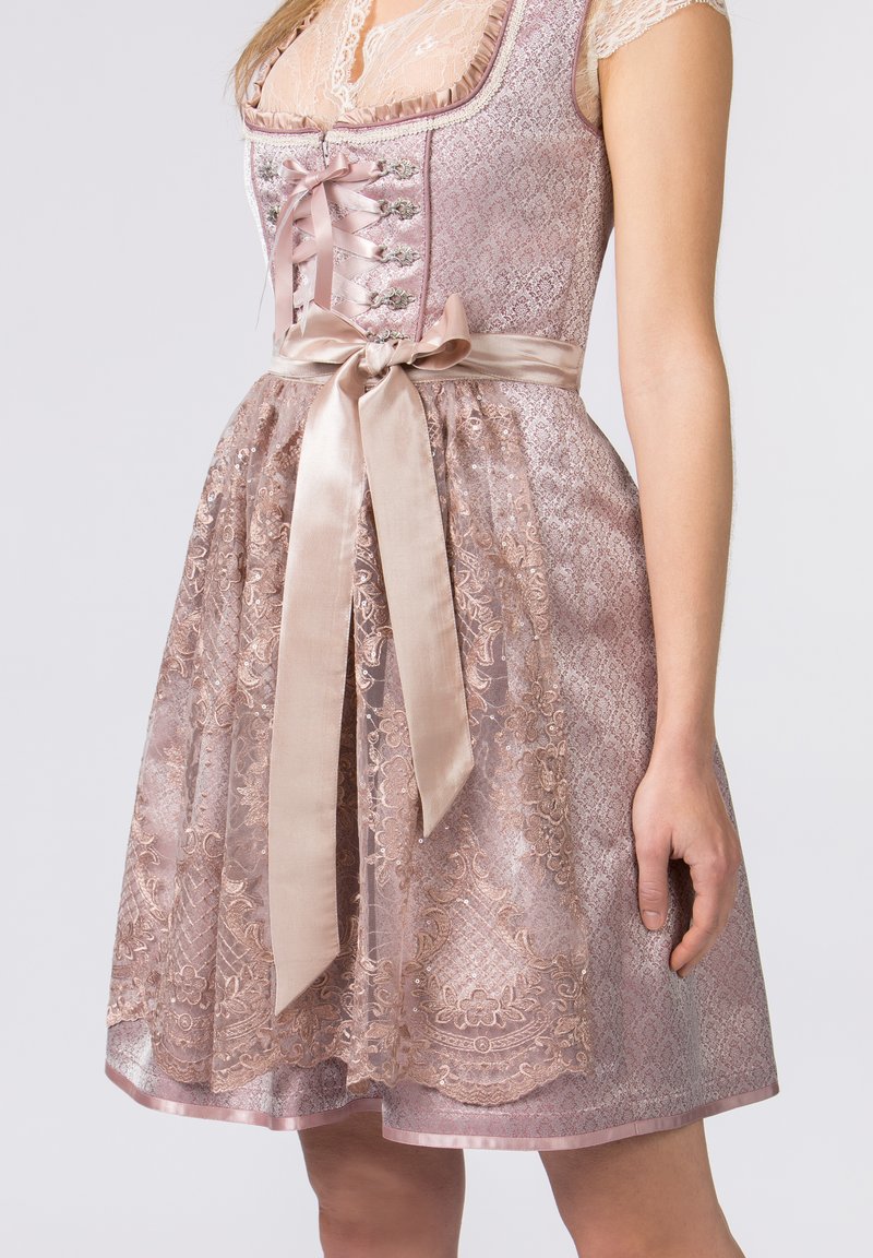 Rosa besticktes Dirndlkleid mit einem Spitzenoberteil, satinierter Taillenbindung und einem schichten Rock, der mit floralen Mustern und zarten Akzenten verziert ist.