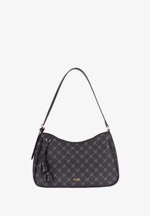 Borsa a tracolla nera con motivo di piume grigio, dettaglio con nappine e logo JOOP! oro sul davanti.