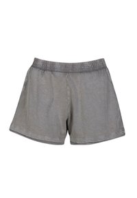 Shorts en coton gris avec une ceinture élastique, une coupe décontractée et des bords ourlés. Texture lisse sans motifs ni accessoires supplémentaires.