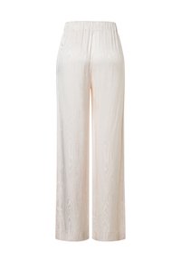 Lichtbeige wijde broek met een elastische tailleband, voorzien van een subtiele houtnerfstructuur en zachte stof, ontworpen voor comfort en gemak.