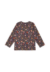 Langärmliges Hemd aus dunklem Stoff mit einem floralen Muster, das farbenfrohe Blumen, Blätter und Formen im gesamten Design zeigt.