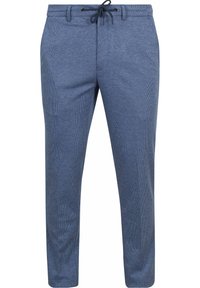 Modré kalhoty s vzorem, které mají volný střih, stahovací pas a boční kapsy. Vyrobeny z lehkého textilu s jemnou strukturou.