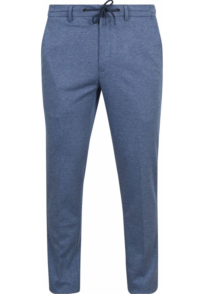 Modré kalhoty s vzorem, které mají volný střih, stahovací pas a boční kapsy. Vyrobeny z lehkého textilu s jemnou strukturou.