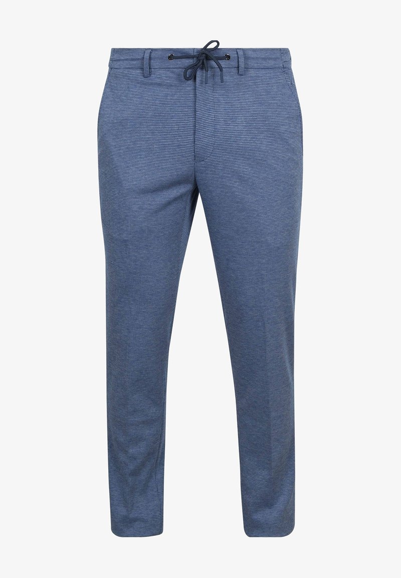 Niebieskie spodnie w wzory o luźnym kroju, z paskiem na sznurek i kieszeniami po bokach. Wykonane z lekkiego materiału o delikatnej teksturze.