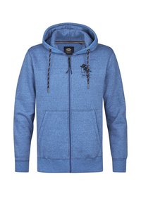 Felpa blu con zip realizzata in tessuto morbido, con tasca a marsupio, cappuccio con coulisse e logo stampato sul petto.