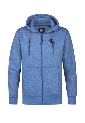 Blauwe zip-up hoodie van zacht materiaal, met een kangoeroezak, een capuchon met trekkoord en een bedrukte logo op de borst.