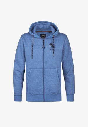 Blauwe zip-up hoodie van zacht materiaal, met een kangoeroezak, een capuchon met trekkoord en een bedrukte logo op de borst.
