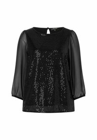 Schwarzes Oberteil mit Paillettenfront und durchsichtigen, puffärmeligen langen Ärmeln. Gerundeter Ausschnitt mit einem Schlüssellochverschluss auf der Rückseite. Weicher Stoff, lockere Passform.