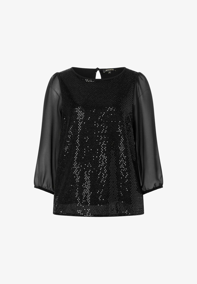 Schwarzes Oberteil mit Paillettenfront und durchsichtigen, puffärmeligen langen Ärmeln. Gerundeter Ausschnitt mit einem Schlüssellochverschluss auf der Rückseite. Weicher Stoff, lockere Passform.