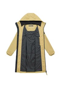 Beige-schwarzer Wintermantel mit Kapuze, gesteppter schwarzer Innenfutter, langen Ärmeln und vollständig offenem Frontreißverschluss.