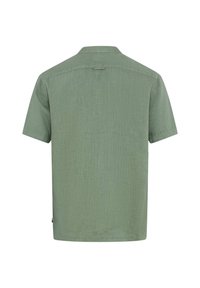 Korte mouw shirt in gedempt groen, met een gestructureerde stof, achterste yoke-detail en afgeronde zoom. Geen zichtbare patronen of hardware.