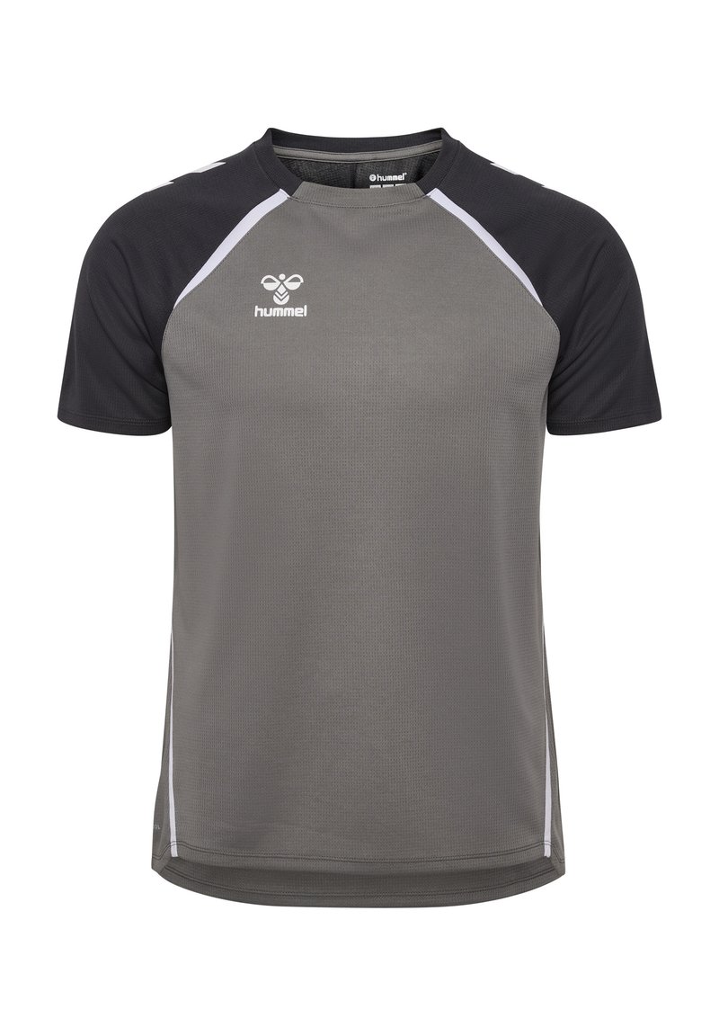 Grijze atletische T-shirt met zwarte raglan mouwen, korte mouwen en witte accentstrepen. Bevat het Hummel-logo op de voorkant.