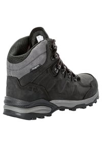 Schwarze Wanderschuhe aus Wildleder und Mesh-Material, mit hohem Design, Gummisohle mit Profil und Metallösen für die Schnürsenkel, akzentuiert mit Grau.