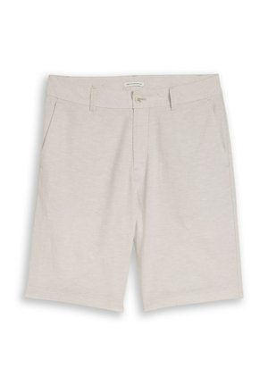 Shorts décontractés beige clair avec passants de ceinture, fermeture par bouton et poches latérales, posés à plat sur un fond blanc.