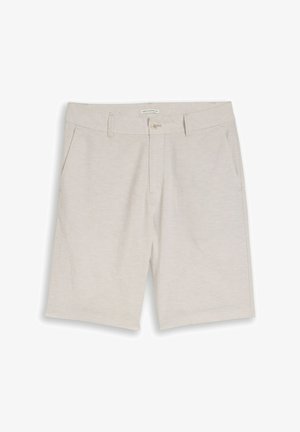 Shorts décontractés beige clair avec passants de ceinture, fermeture par bouton et poches latérales, posés à plat sur un fond blanc.
