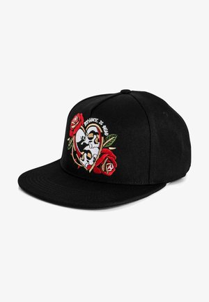 Black snapback hat featuring red rose embroidery and a heart design with skulls. Materials appear durable with a structured brim.