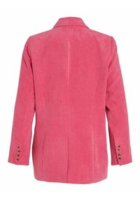 Blazer en velours côtelé rose à manches longues avec quatre boutons bruns sur chaque manchette, vu de dos sur un fond blanc.