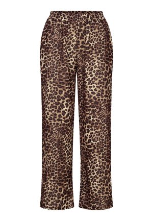 Pantaloni da pigiama con stampa leopardata in beige e marrone. Realizzati in tessuto morbido, presentano una vita elasticizzata e un design a gamba dritta e ampia.
