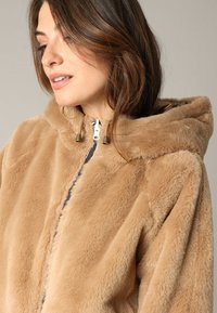 Veste à capuche en fausse fourrure marron clair avec une fermeture éclair, offrant une texture confortable et un léger éclat, conçue pour la chaleur et le confort.