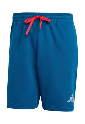 Blå atletiske shorts lavet af blødt stof, med et elastisk taljebånd og en rød snor samt et hvidt mærkede logo på den nederste side.