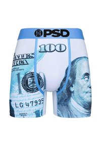 Boxer briefs med et blått og hvitt design som ligner på en $100-seddel, med detaljerte grafikker av Benjamin Franklin og forskjellige elementer av valuta.