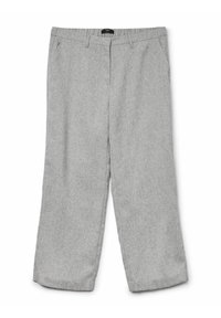 Grijze wijde broek van een textuurstof, met een elastische tailleband en zakken. Recht gesneden zonder zichtbare sluitingen.