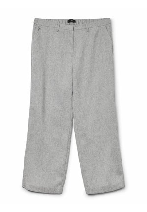 Gray wide-leg trousers in a textured fabric, featuring an elastic waistband and pockets. Straight cut with no visible fasteners.