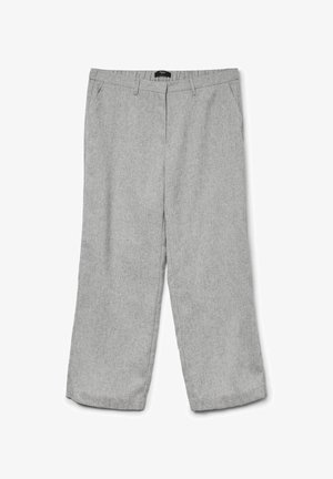Grå vidbenede bukser i et tekstureret stof, med elastisk talje og lommer. Lige snit uden synlige lukninger.