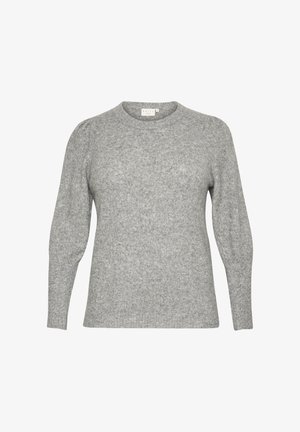 Pelēks adīts džemperis ar apaļu dekoltē, garām pūkainām piedurknēm un mīkstu tekstūru. Vienkāršs dizains bez redzamām rakstām vai akcentiem.