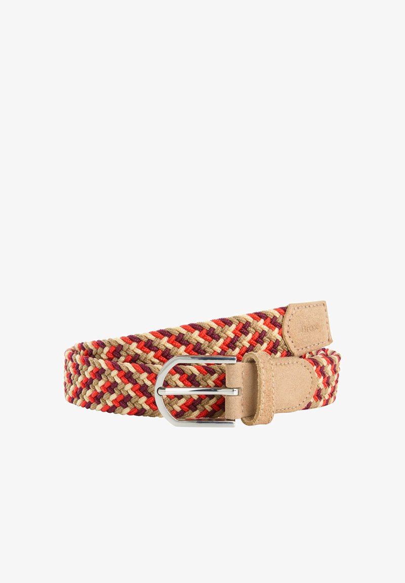 Vevet bælte i rød, beige og brun med en sølvfarvet metalspænde og en beige læderstrap-ende. Har en fletstruktur og en løkkedetalje.