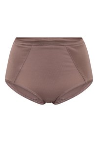 Højtaljede, brune trusser lavet af glat stof. Har et sømløst design med sidepaneler for komfort og en fleksibel talje.