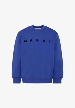 Felpa blu con colletto a girocollo, polsini a coste e la parola "MARNI" in lettere nere in grassetto sul petto. Texture liscia.