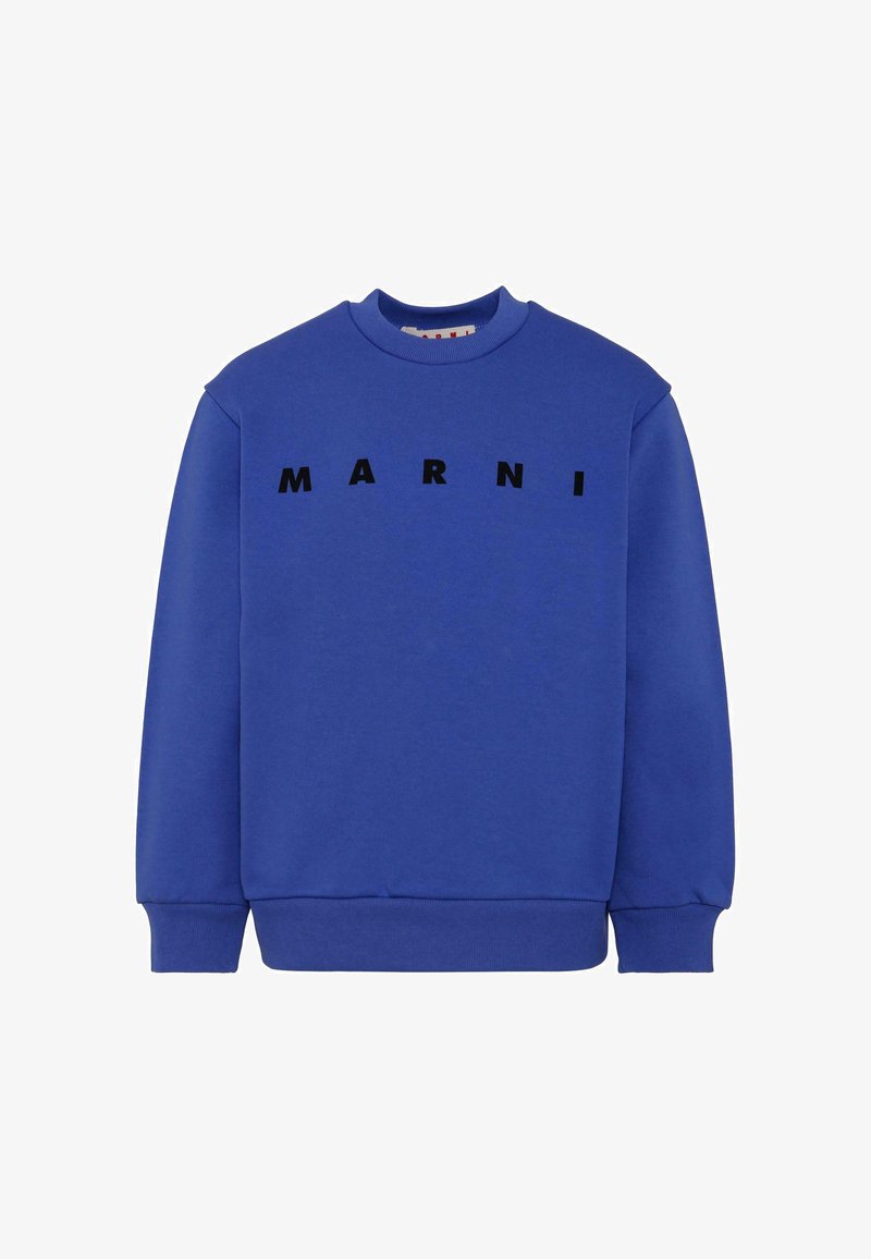 Felpa blu con colletto a girocollo, polsini a coste e la parola "MARNI" in lettere nere in grassetto sul petto. Texture liscia.