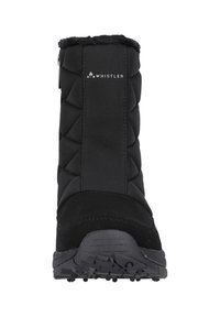 Schwarze Winterstiefel mit gestepptem Design, Kunstfellfutter und Gummisohlen für besseren Halt. Mit einem Logo an der Seite und einer Höhe bis zur Mitte der Wade.
