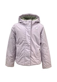 Giacca imbottita viola chiaro con cappuccio, dotata di un interno verde, tasche laterali e un logo sul petto. Esterno liscio e resistente all'acqua.