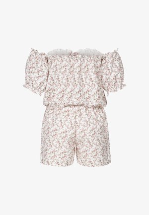 Tutina floreale a spalle scoperte con maniche corte a sbuffo, vita elasticizzata e sfondo bianco con motivi floreali rosa e marroni.