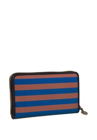 Zippered wallet featuring horizontal stripes in blue and brown, made of textured synthetic material, with a metallic accent at the zipper pull.