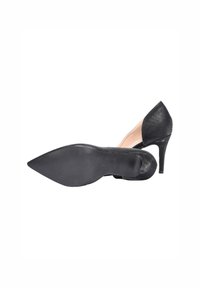 Pump nera con tacco alto, punta a mandorla, superficie lucida e tacco stiletto sottile. Caratterizzata da un collettore per tacco arrotondato e una suola liscia.