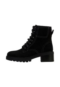 Black suede ankle boot with lace-up design, contrasting white stitching, and a chunky heel. Features a pull tab at the back.