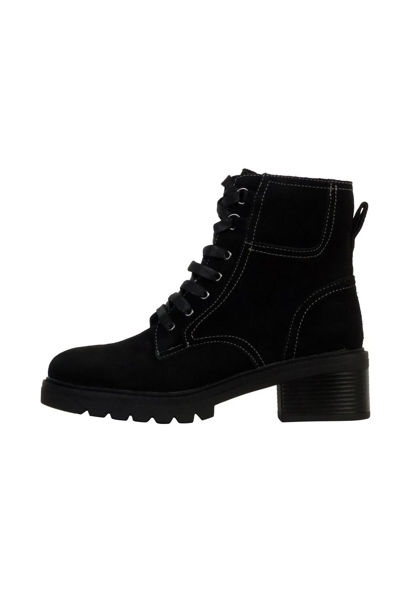 Black suede ankle boot with lace-up design, contrasting white stitching, and a chunky heel. Features a pull tab at the back.